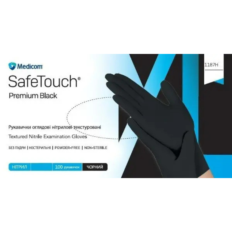 Рукавиці Medicom SafeTouch Premium без пудри 100 шт., S (чорні),