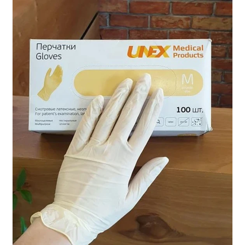 Рукавички латексні оглядові без пудри M 100 шт LATEX Unex