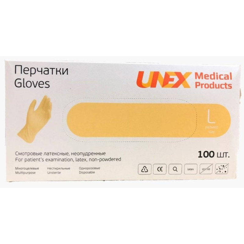 Рукавички латексні оглядові без пудри L 100 шт LATEX Unex