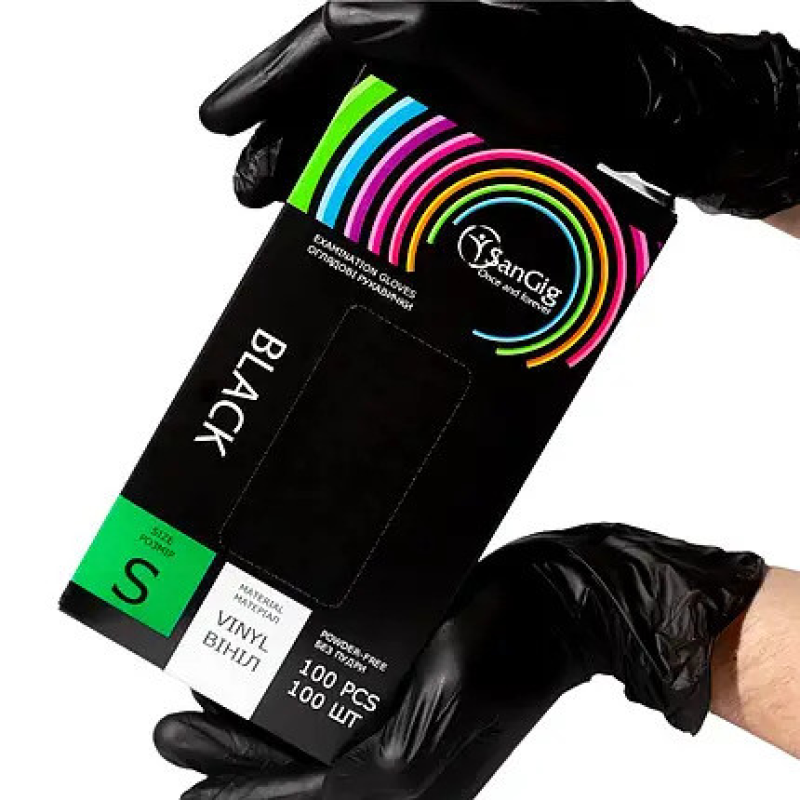 Рукавички оглядові Sangig вінілові нестерильні Розмір S 100 шт Чорні Рукавички оглядові Sangig вінілові нестерильні Розмір S 100 шт Чорні
