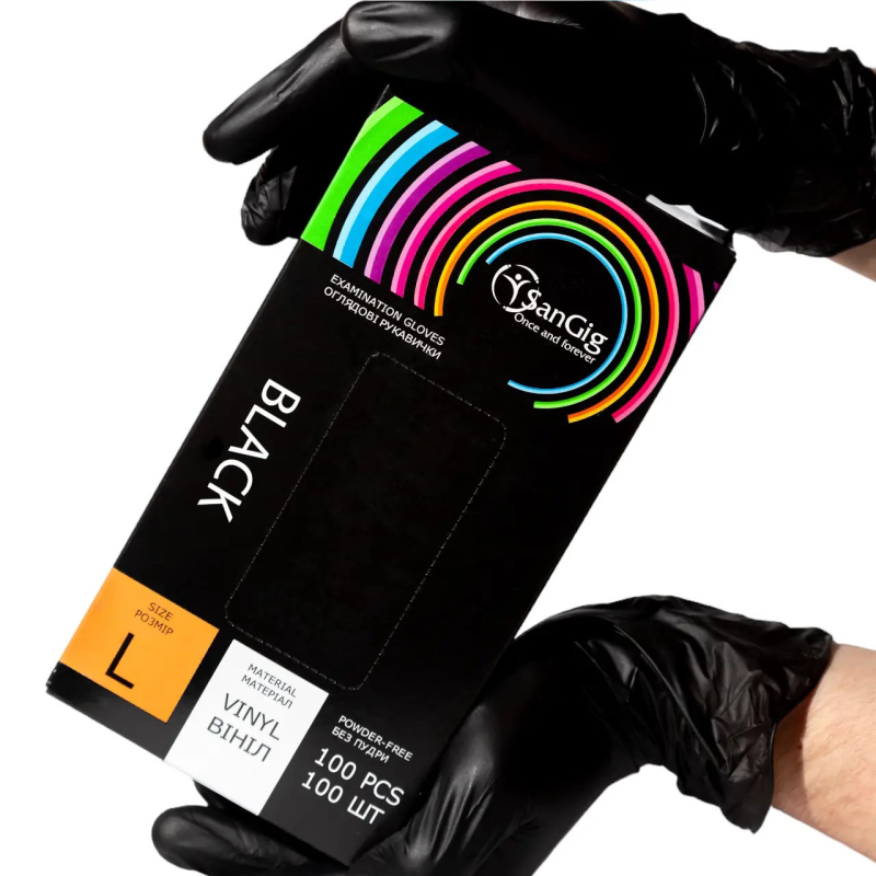 Рукавички оглядові Sangig вінілові нестерильні Розмір L 100 шт Чорні Рукавички оглядові Sangig вінілові нестерильні Розмір L 100 шт Чорні