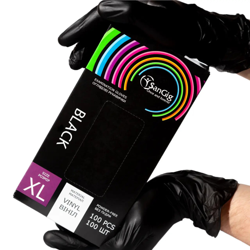 Рукавички оглядові Sangig вінілові нестерильні Розмір XL 100 шт Чорні Рукавички оглядові Sangig вінілові нестерильні Розмір XL 100 шт Чорні
