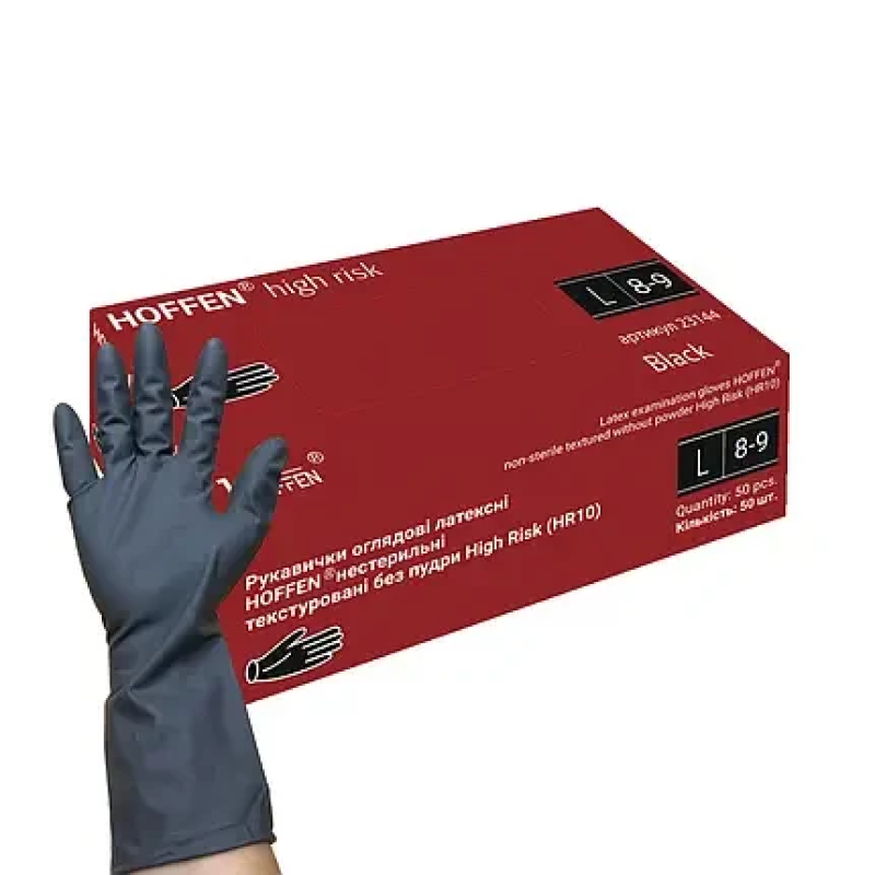 Рукавички L (8-9) Hoffen High Risk Чорні латексні підвищеної міцності (25 пар уп) Рукавички L (8-9) Hoffen High Risk Чорні латексні підвищеної міцності (25 пар уп)