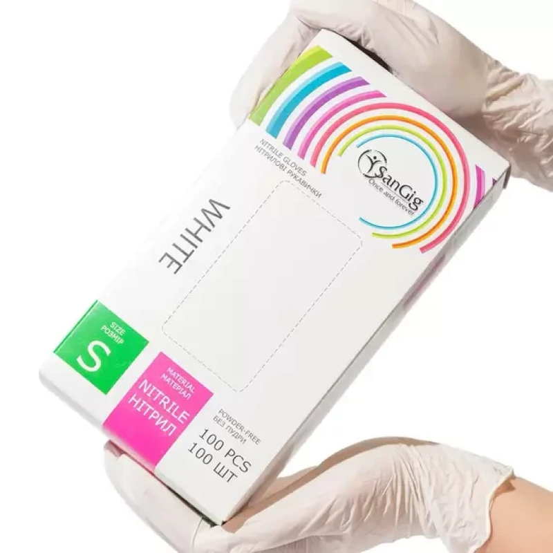 Рукавички нітрилові SanGig, щільність 3.5 г. - білі (100 шт)  S (6-7)