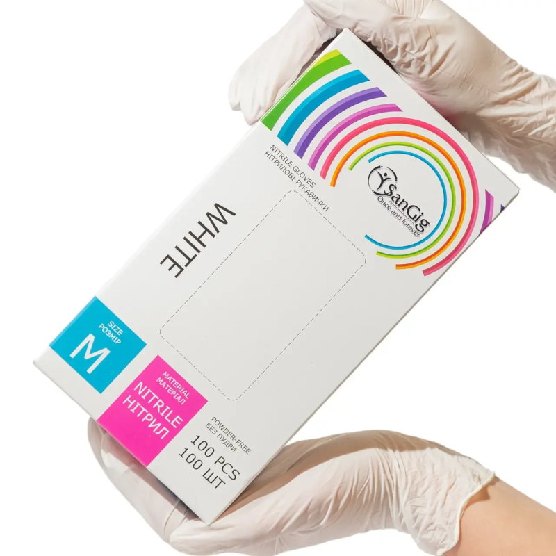 Рукавички нітрилові SanGig, щільність 3.5 г. - білі (100 шт)  M (7-8)