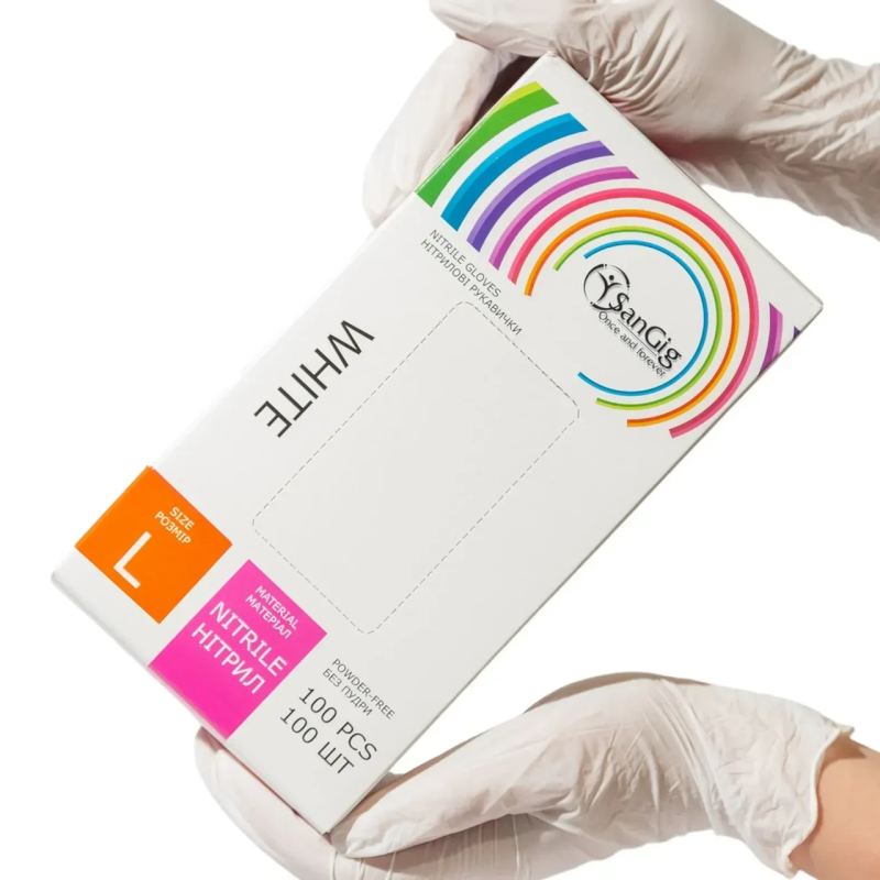 Рукавички нітрилові SanGig, щільність 3.5 г. - білі (100 шт)  L (8-9)