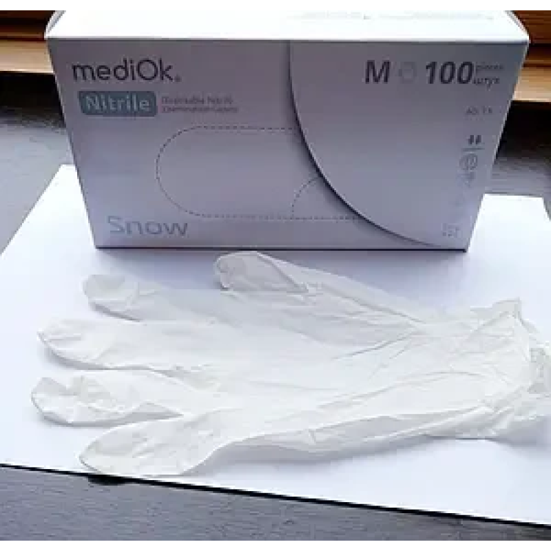 Нітрилові рукавички MediOK Snow розмір M 3.5 г (100 шт), білі Нітрилові рукавички MediOK Snow розмір M 3.5 г (100 шт), білі