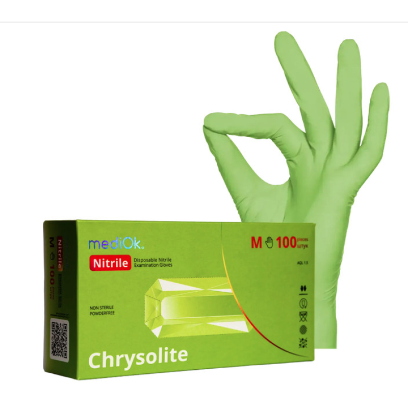 Рукавички нітрилові M, Chrysolite колір світло зелений 100шт\уп. Mediok