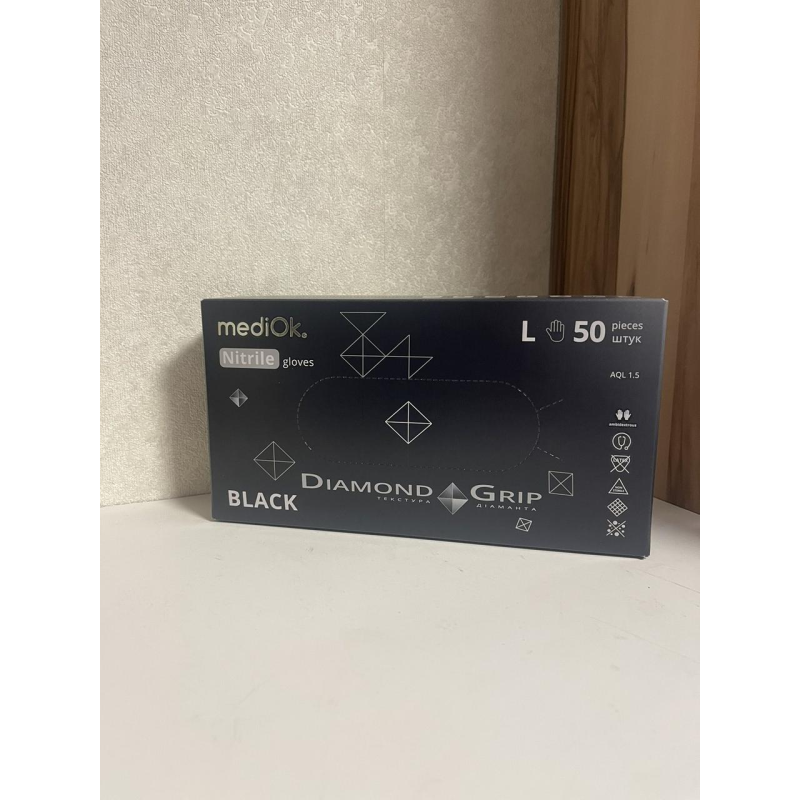 Рукавички нітрилові GRIP BLACK розмір L (щільність 8,6 г) підвищеної міцності чорні неопудрені (25пар/1уп) Mediok Рукавички нітрилові GRIP BLACK розмір L (щільність 8,6 г) підвищеної міцності чорні неопудрені (25пар/1уп) Mediok